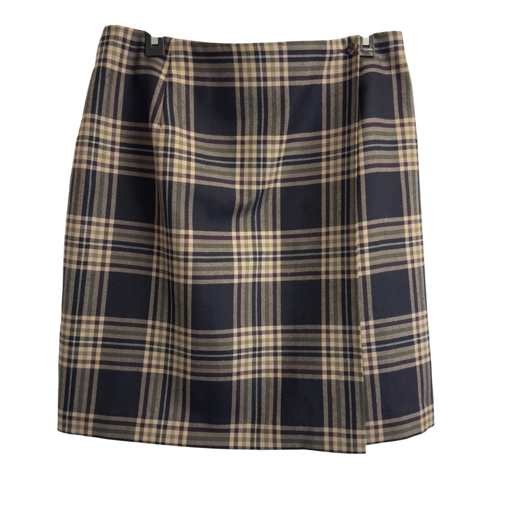 Charter Club Womens 100% Wool Plaid Wrap Mini Skirt Navy Tan Olive Green Size 16